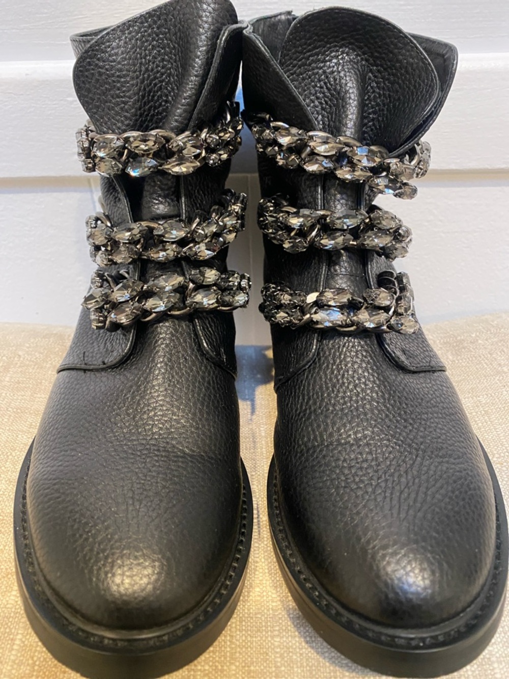 Lola Cruz Black Rhinestone Crystal Chain Combat Booties - Women